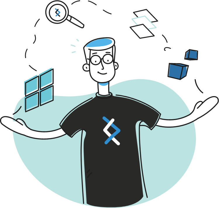 illustration of dnx character juggling windows, data, serverless icons