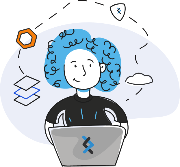 illustration of a woman on DNX laptop working on security