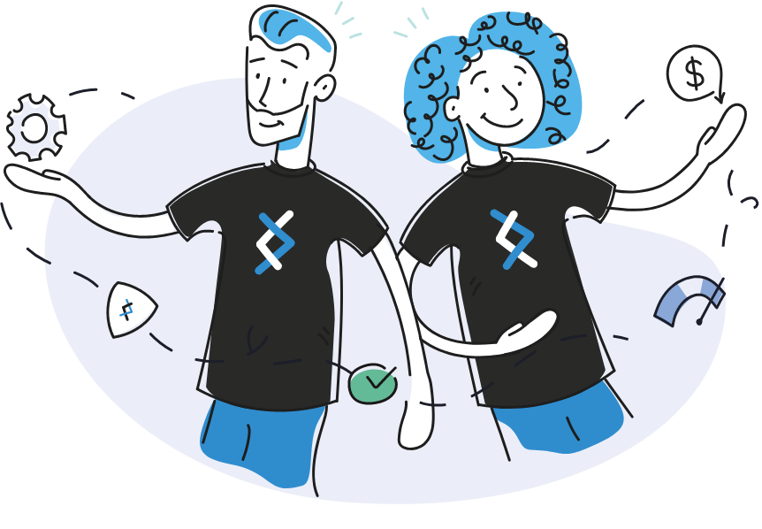 illustration of two people wearing DNX shirts interacting with security icon, dollar sign icon, cog icon, acceleration icon