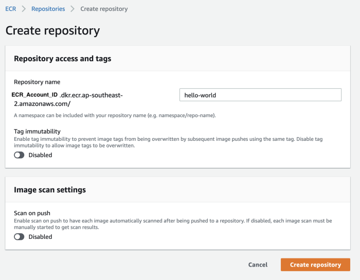 Docker image scanning, showing create repository page