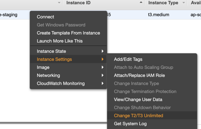 Selecting Change t2/t3 unlimited from the instance settings