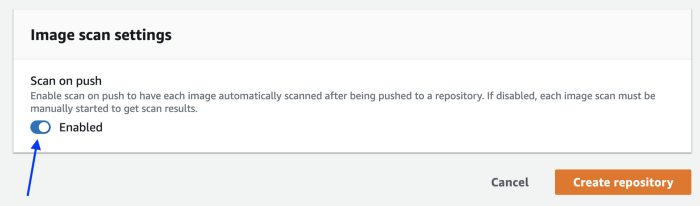 Docer image scanning, showing scan on push is enabled