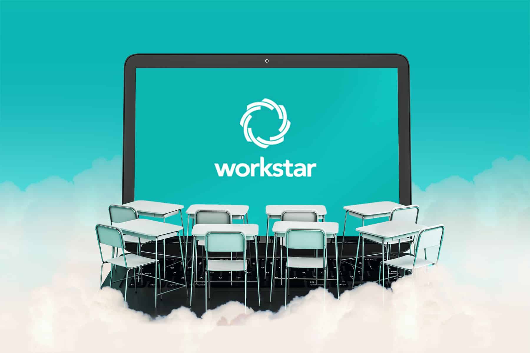 Workstar logo on a large laptop screen with teal background with eight desks and chairs on clouds