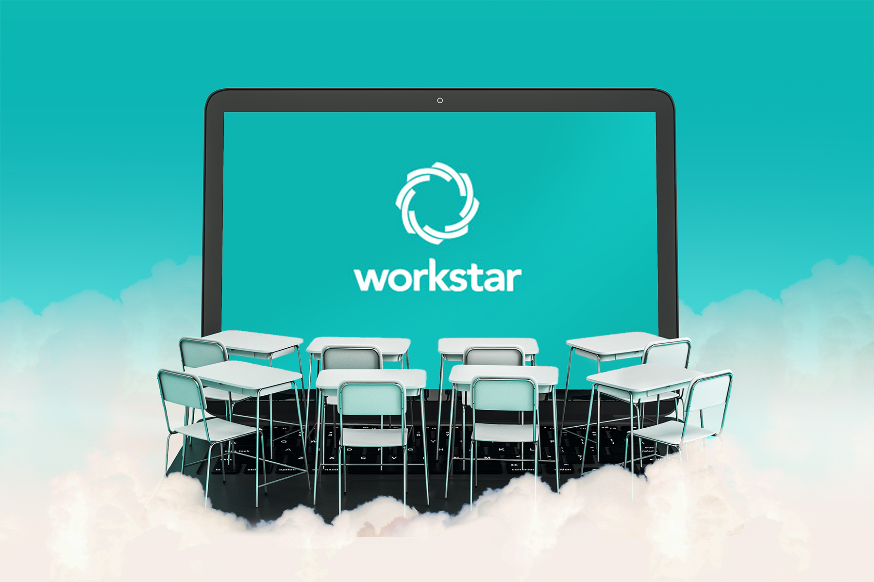Workstar logo on a large laptop screen with teal background with eight desks and chairs on clouds