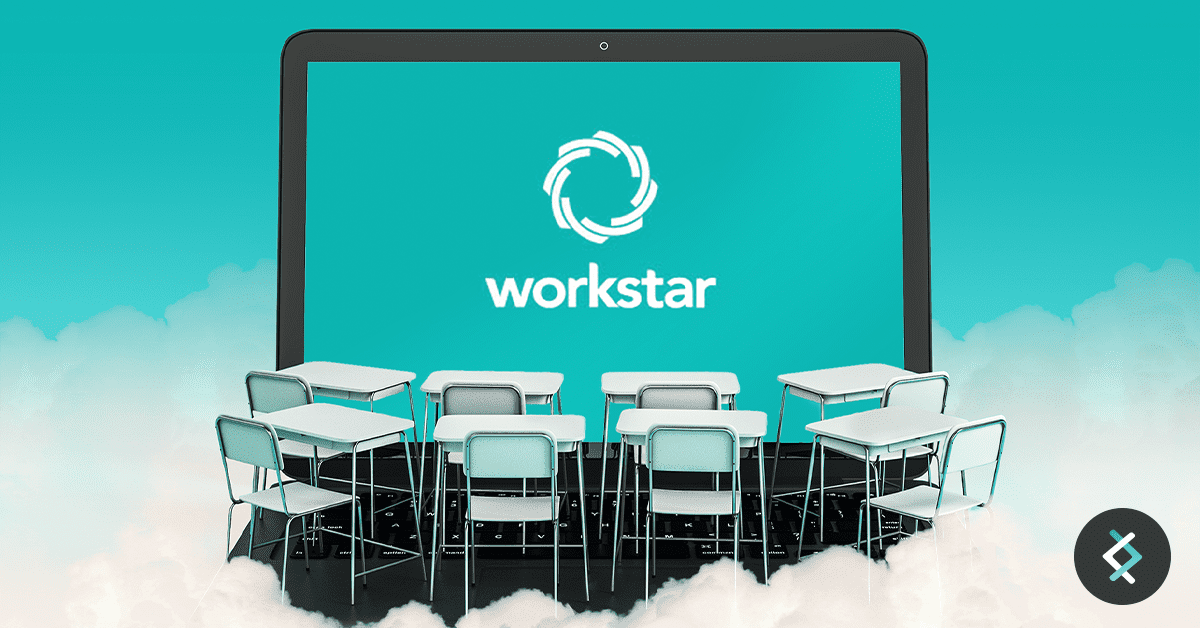 workstar logo on a teal background, on a giant laptop screen with eight desks and chairs on the keyboard.