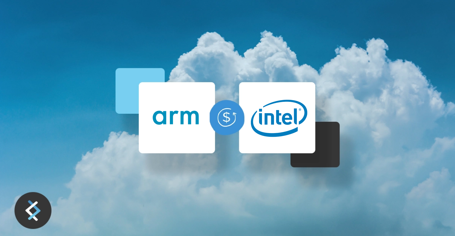 Background photo of clouds, on top are logos for arm and intel, with a cost icon between them