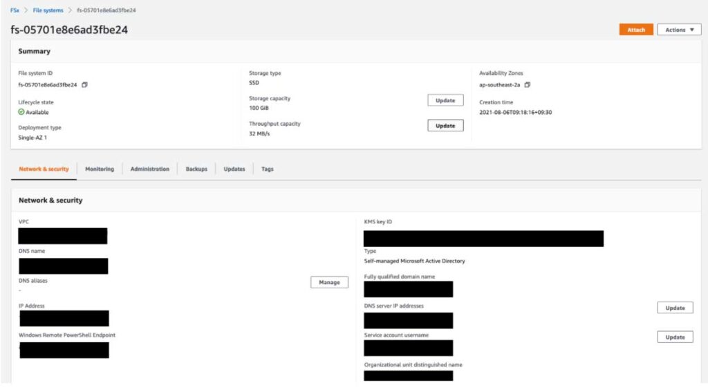 Amazon FSx created and in available state on AWS console