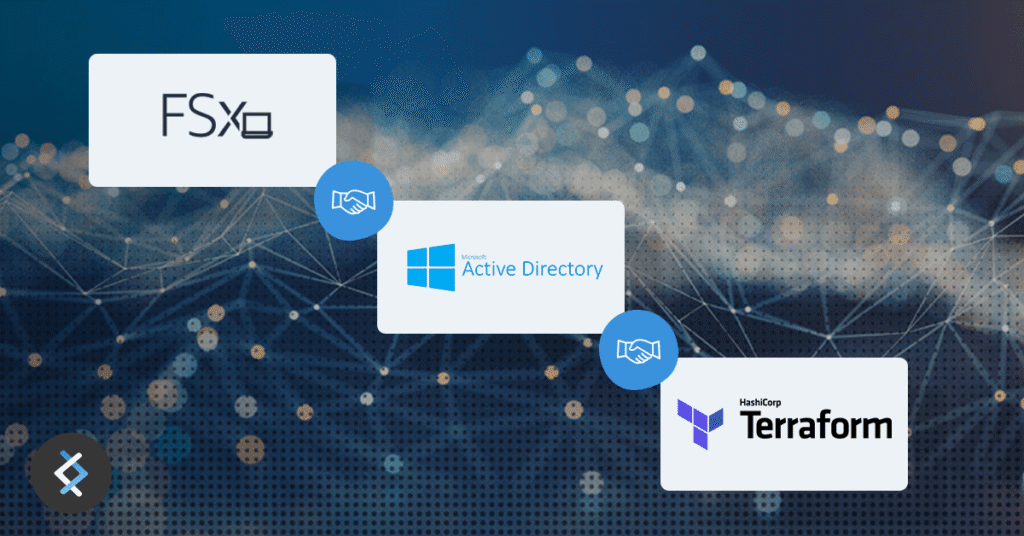 A diagram with logos indicating links between Amazon FSx for Windows, joined to HashiCorp Terraform logo.