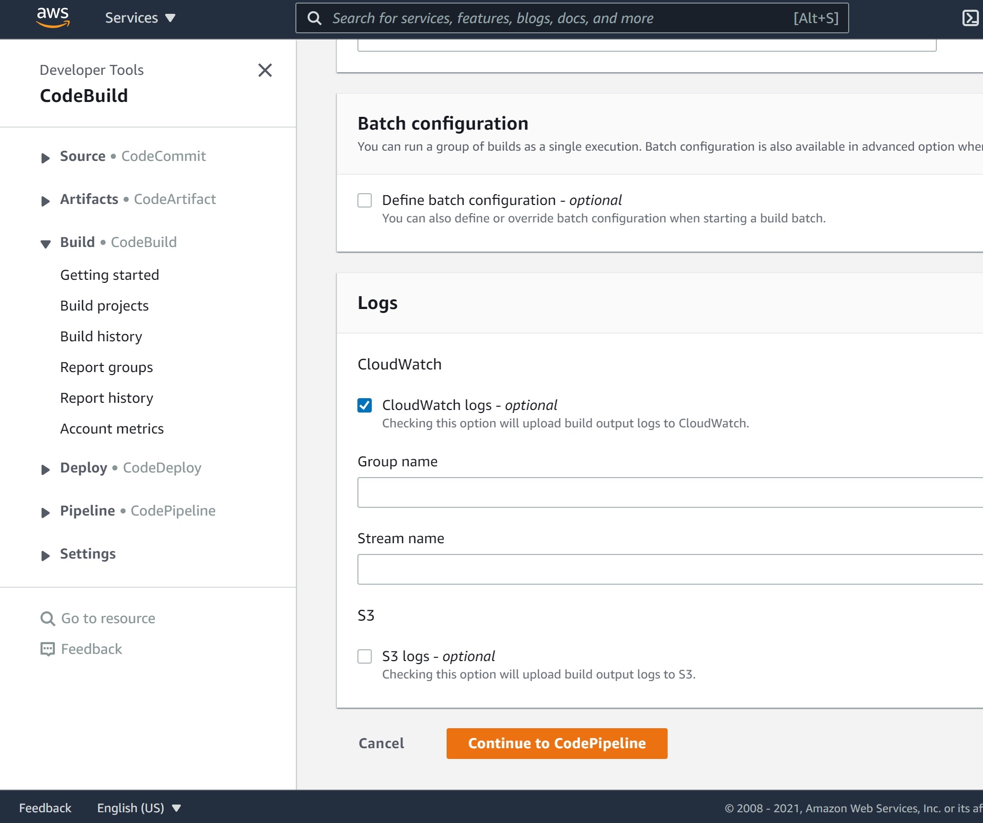 AWS Console - CodeBuild - Continue to CodePipeline