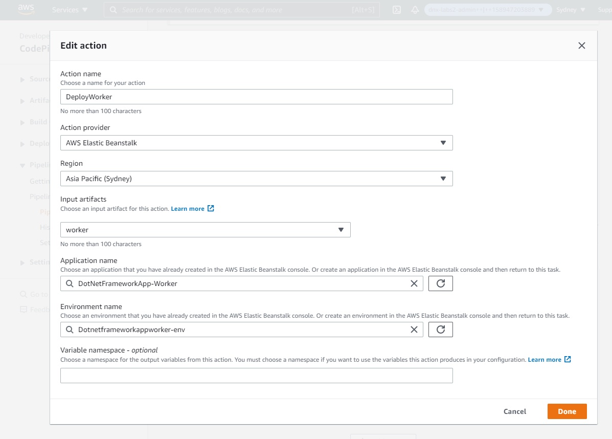 AWS Console - CodePipeline - Add deploy Worker action