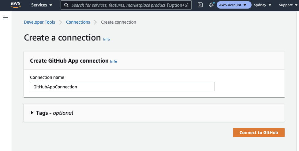 AWS Console - CodePipeline - Create GitHub App connection