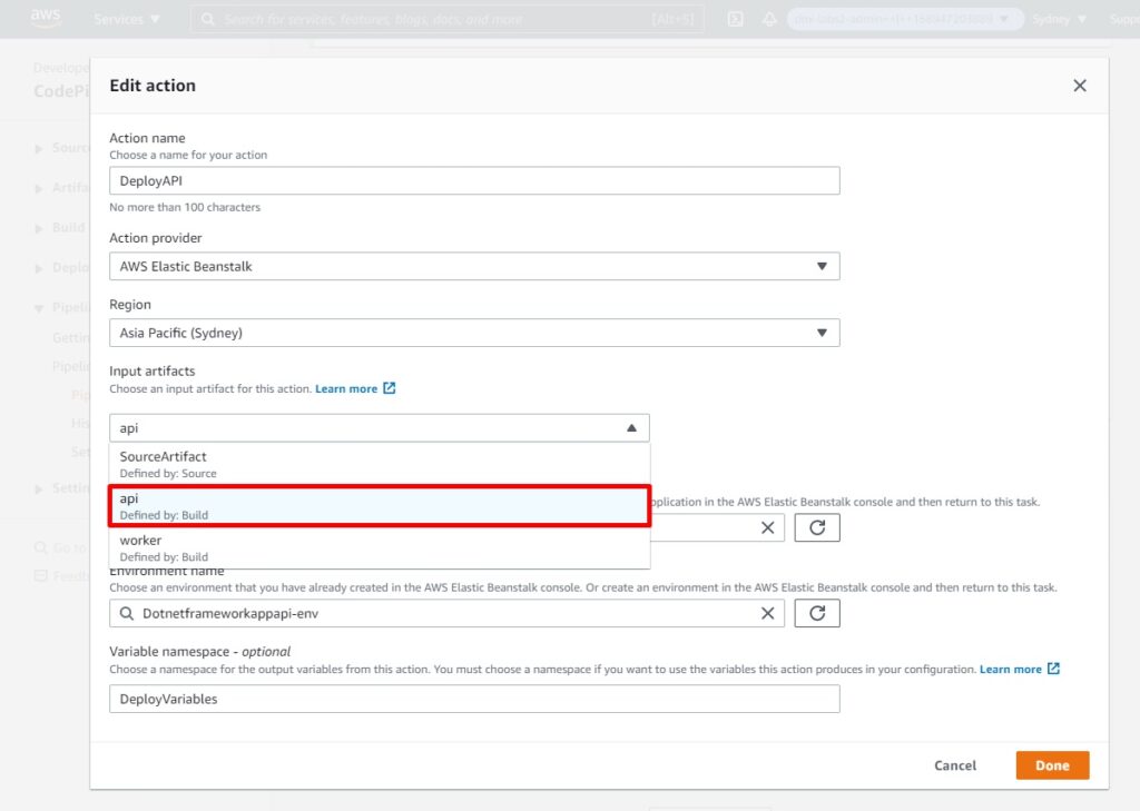 AWS Console - CodePipeline - Edit deploy API action