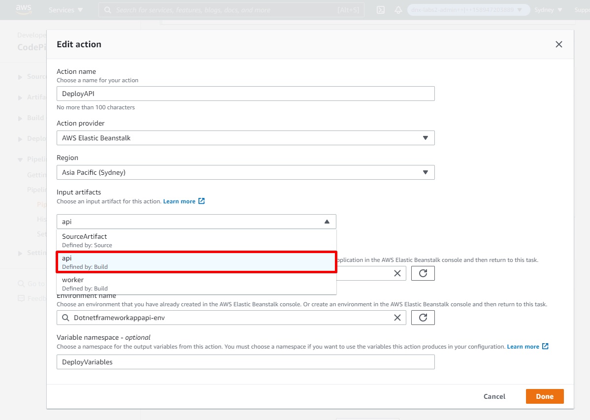 AWS Console - CodePipeline - Edit deploy API action