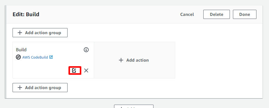 AWS Console - CodePipeline - Edit stage - Edit build