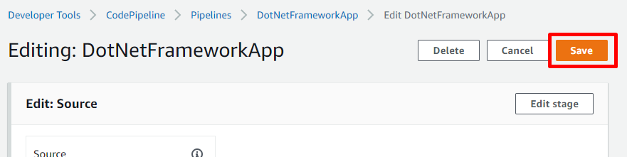 AWS Console - CodePipeline - Save changes