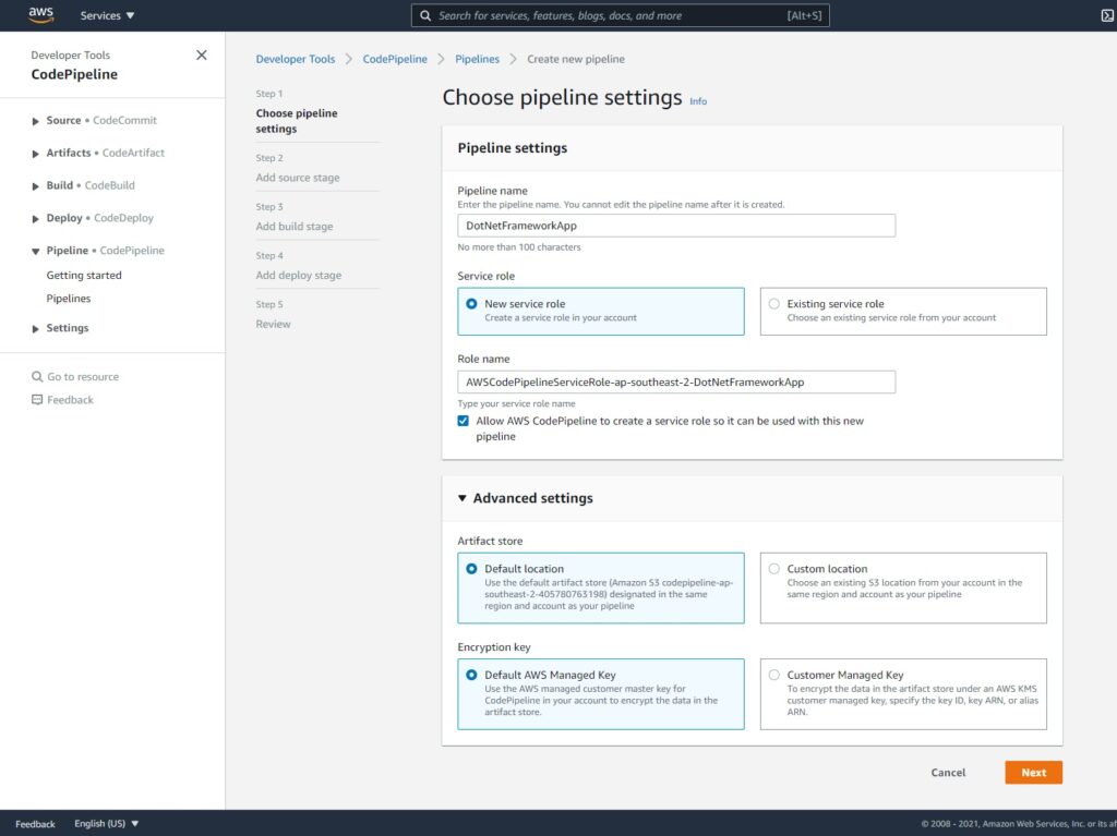 AWS Console - CodePipeline - Step 1