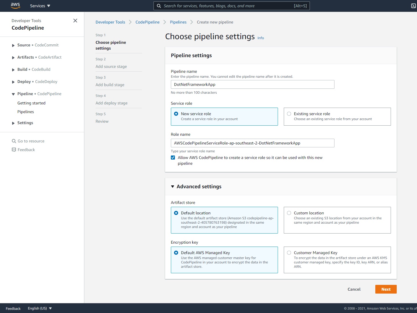 AWS Console - CodePipeline - Step 1