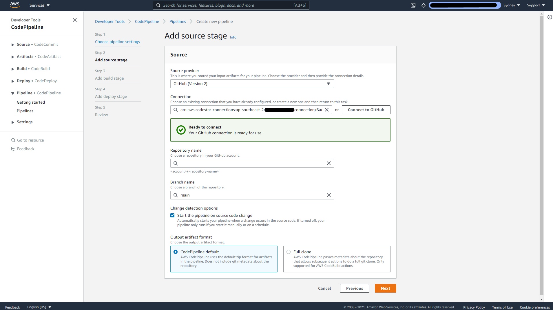 AWS Console - CodePipeline - Step 2 - Source - GitHub