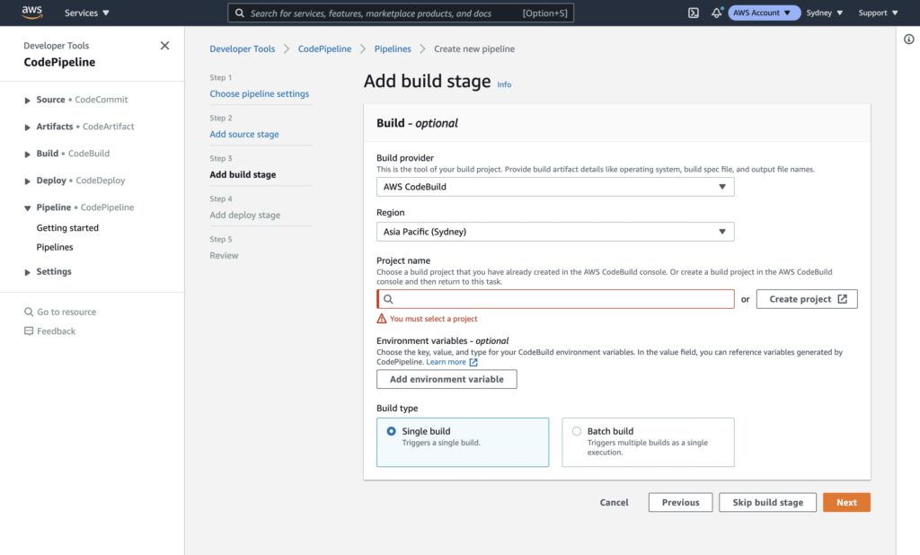 AWS Console - CodePipeline - Step 3 - Build