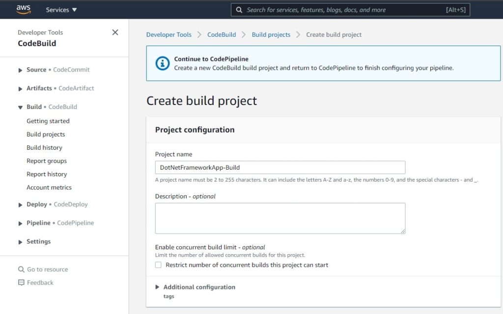 AWS Console - CodePipeline - Step 3 - Build - Project configuration