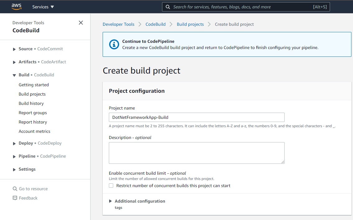 AWS Console - CodePipeline - Step 3 - Build - Project configuration