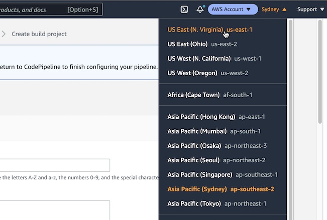 AWS Console - CodePipeline - Step 3 - Build - Selecting region