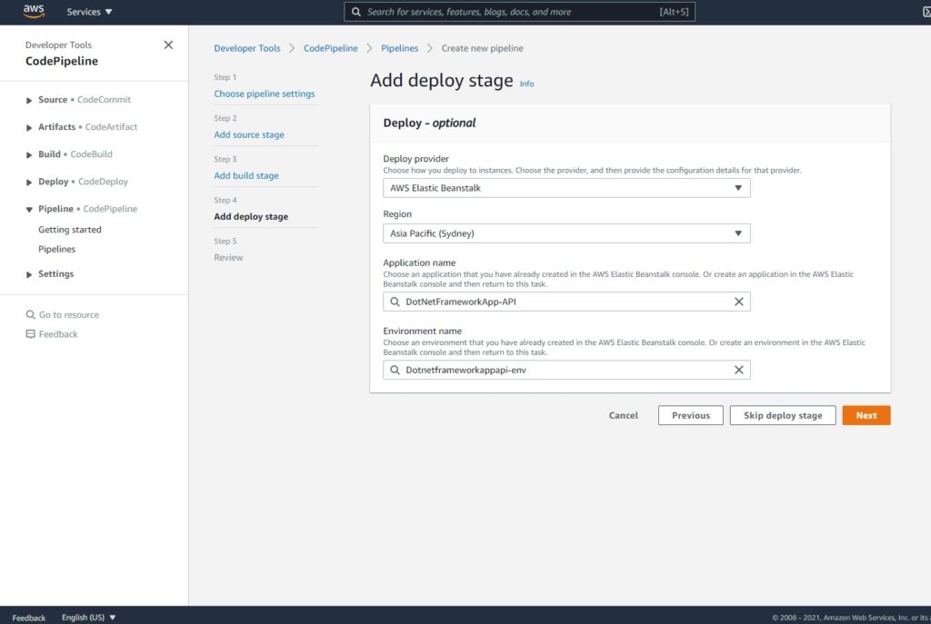 AWS Console - CodePipeline - Step 4 - Deploy