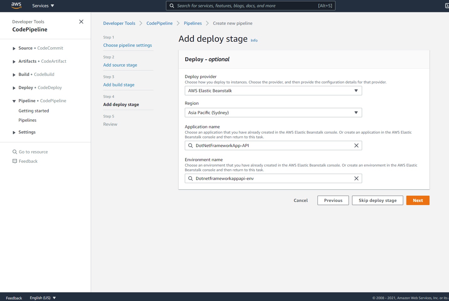 AWS Console - CodePipeline - Step 4 - Deploy