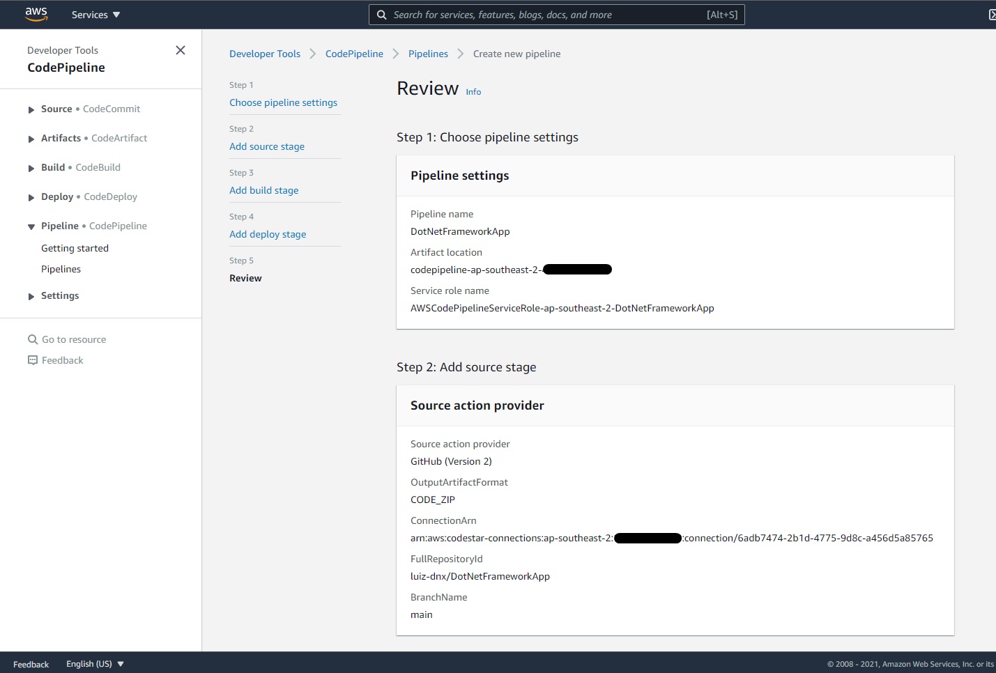 AWS Console - CodePipeline - Step 4 - Review