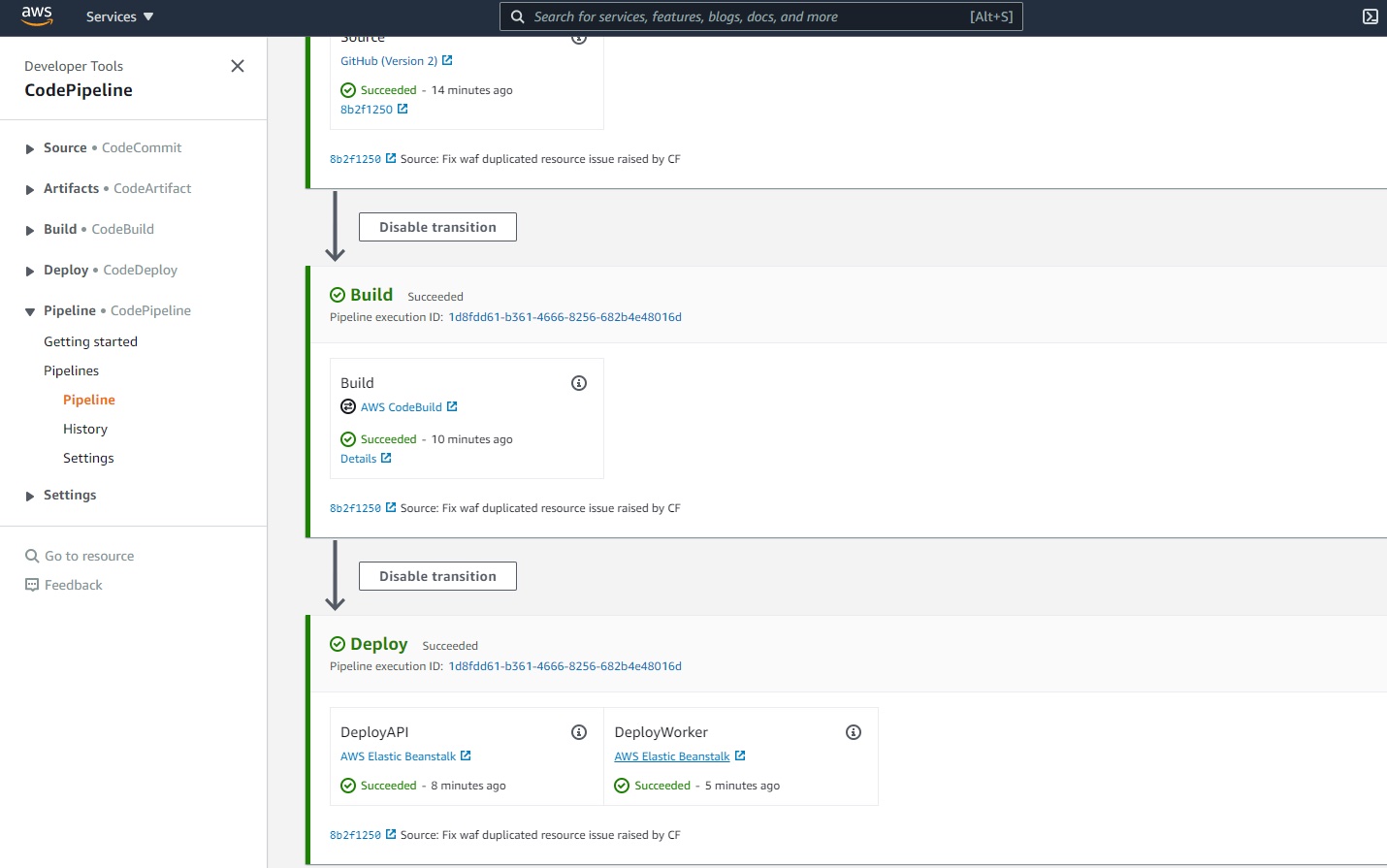 AWS Console - CodePipeline - Two deployments