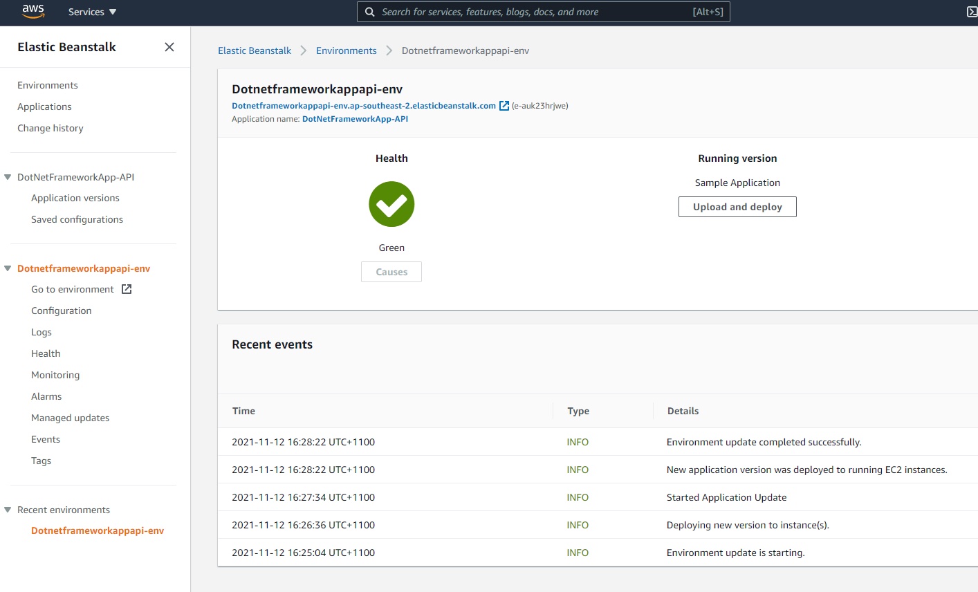 AWS Console - Elastic Beanstalk - Successfully Deployed