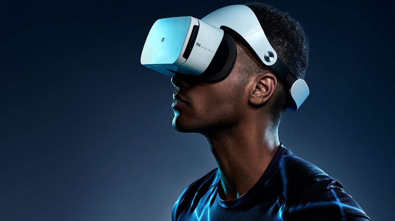 Side view of man wearing virtual reality (VR) headset